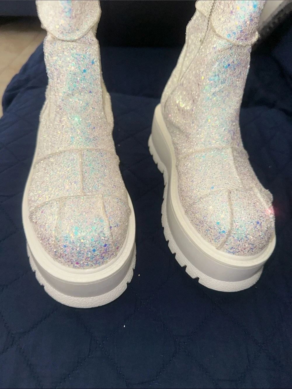 Demonia Sparkle White Glitter Platform Knee Boots - Women's Size 8